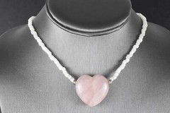 17-1/2″ Lovely Rose Quartz Hear Pendant & White Heishi Style Glass Bead Necklace