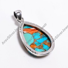 Orange and Blue Copper Turquosie Pendant 925 Sterling Silver Statement Pendant