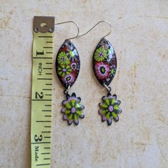 Handmade Murrini Enamel Copper Dangle Earrings Floral .925 Wires (20745)