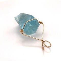 14k Yellow Gold 1-11/16” High Wire Wrapped Aquamarine Crystal Pendant, 9 Grams