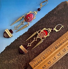 Handcrafted Egyptian Revival Earrings, Pharaoh, Tut, Czech Glass, Red, Gold