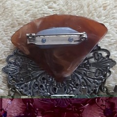 Handcrafted Silver Tone Brown Agate Mixed Media Art Brooch Pin with Charms