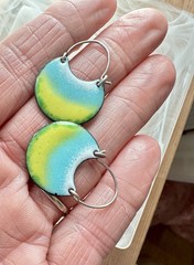 Fun Copper Enamel Hoop Earrings 925 Sterling Wires Green Yellow Artisan