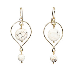 Handmade White Howlite Gemstone Beaded Gold Hoop Dangle Earrings Boho Chic
