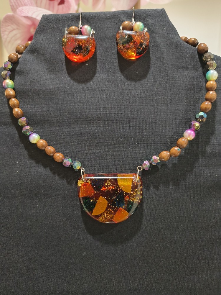 Handcrafted Glass Multicolor Jewelry Set Necklace Earrings Wood Bead Half Circle