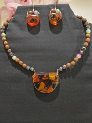 Handcrafted Glass Multicolor Jewelry Set Necklace Earrings Wood Bead Half Circle