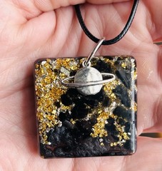 Handmade Obsidian Resin Pendant Necklace Saturn Charm Gold Crushed Glass Jewelry