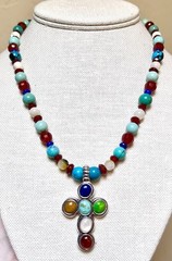LOVELY Artisan Sterling Silver Turquoise, Lapis, Carnelian, Etc. Cross Necklace