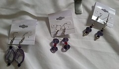3 Pair Cosume Earrings Hand Beaded Purple Color W/ Silver Over Copper Ear Hooks