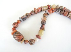 Multi-Stone Gemstone Beaded Necklace / Beige Orange Brown Carved Stone Necklace