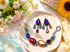 Woman Bracelet Peacock Multi Bling Toggle Dangle Earrings Multi Pink Yellow