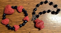 Two (2) Chinese Carved Cinnabar Onyx & Silvertone Metal Beads Bracelets
