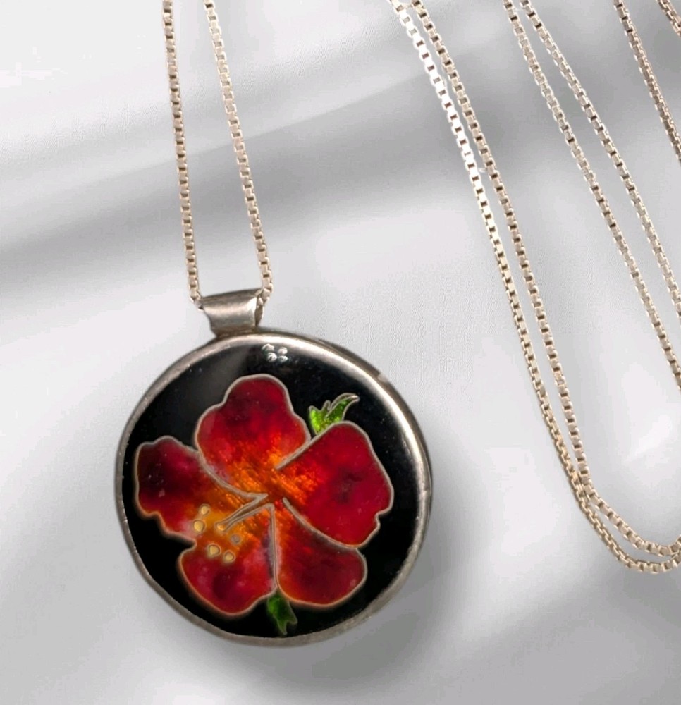 Cloisonne Enamel Sterling Silver Hawaii Hibiscus Flower Signed Pendant Necklace