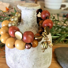 2 Piece Chunky Wooden & Golden Beaded Bracelet Set