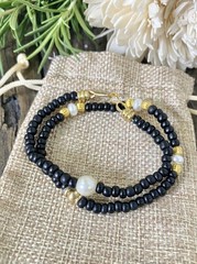 2 Piece, Pearl Bracelet Set, Matte Black & White with Gold Closure