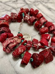 Genuine Red CORAL VERTEBRAE BRANCHES & TURQUOISE Necklace- Sterling Silver Clasp