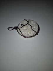 Natural Fossilized Coral Cabachon Pendant Wrapped In Burgandy Colored Wire OOAK