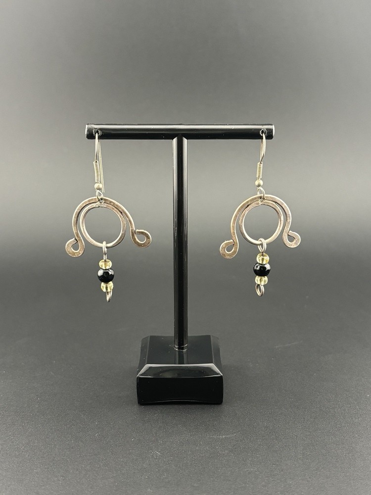 Artisan Sculptural Mixed Metal Black Yellow Glass Bead Dangle Earrings