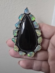 Massive Black Onyx & Ethiopian Opal Gemstone Sterling Silver Adjustable Ring