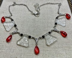 Vintage Style Necklace-Vintage Etched Glass Beads, Red Teardrop Beads, 16-19”