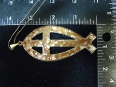 REVERSIBLE BROWN ARTISAN ORIGINAL ENAMEL FISH CROSS NECKLACE PENDANT N9