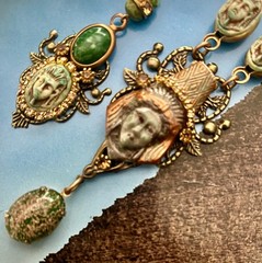Deco Egyptian Revival Necklace Set, Neiger Style Glass Pharaoh, Green, Bronze