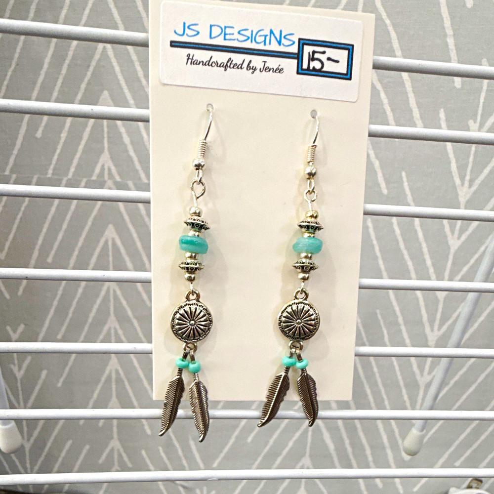 JS Designs Handcrafted Western Silver Plated Blue Glass Rondelle Feather Hook