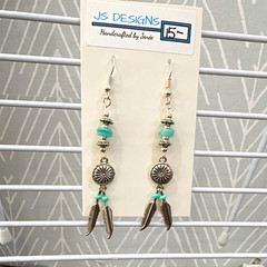 JS Designs Handcrafted Western Silver Plated Blue Glass Rondelle Feather Hook