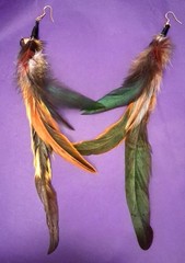 Handcrafted Coque Feather Earrings Iridescent Green Bronze Boho Statement