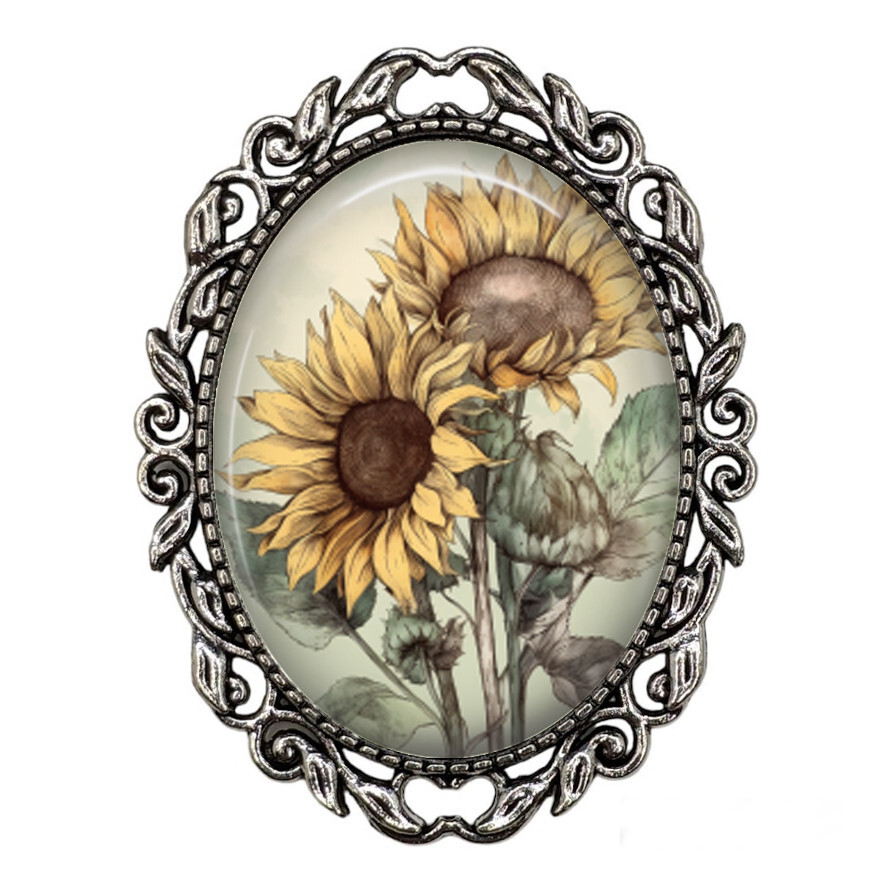 Sunflower Garden Glass Top Brooch Pin Handcrafted Nature Themed Photo Jewelry