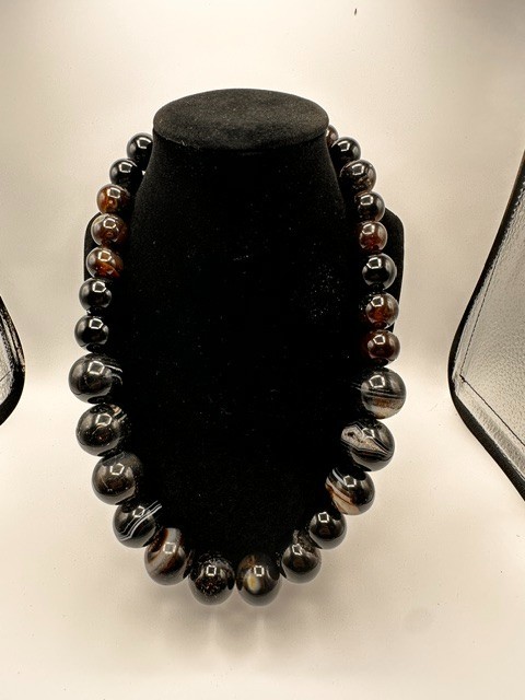 Natural Black Banded Agate Graduated Bead Statement Necklace 1440ct Huge 22mm
