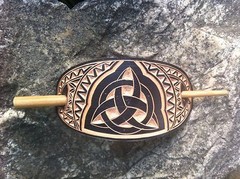 Black Triquetra hand carved leather hair barrette