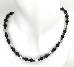 Stunning Glass Beaded Necklace with Black Pearls and Mirror Cubes 18″ (+2″)