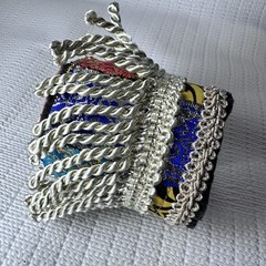 Boho Fabric Wide Cuff Womens Bracelet Jeweled Fringe Metallic Handmade 7