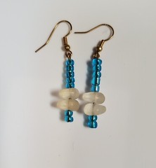 Handcrafted Aqua Blue And White Glass Beaded Earrings 1 1/4″