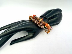 2 Pcs Artisan Handmade Bracelet Copper Tone Wire Glass Focal Beads Unique NOS A