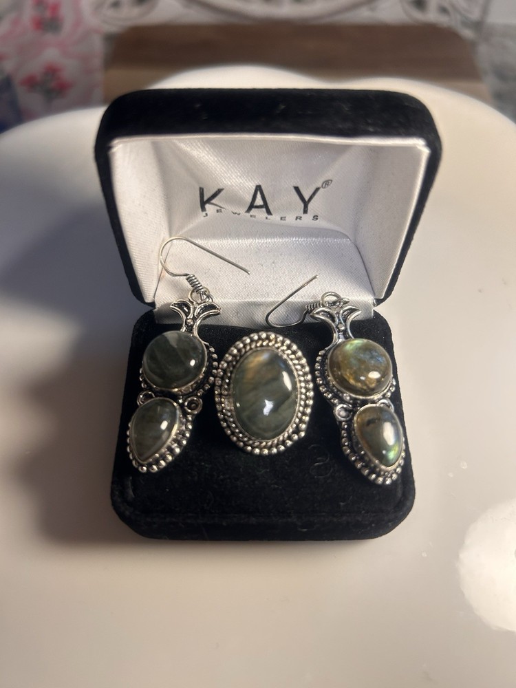 925 Sterling Silver & Labradorite Ring (size 7) & Dangle Earring set