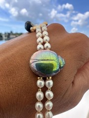 Green Scarab Layered Pearl Collar and Earrings, Egyptian inspired