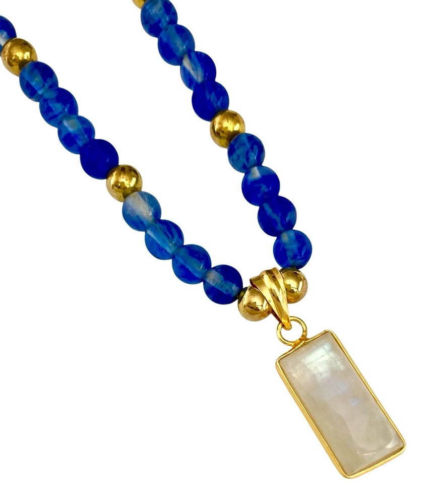 ARTISAN Gold Tone Radiant Cut MOONSTONE Pendant 25” Blue Glass Beaded Necklace