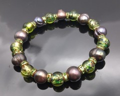 Black Baroque Pearls Green Handmade Lampwork Green Rhinestones Beaded Bracelet