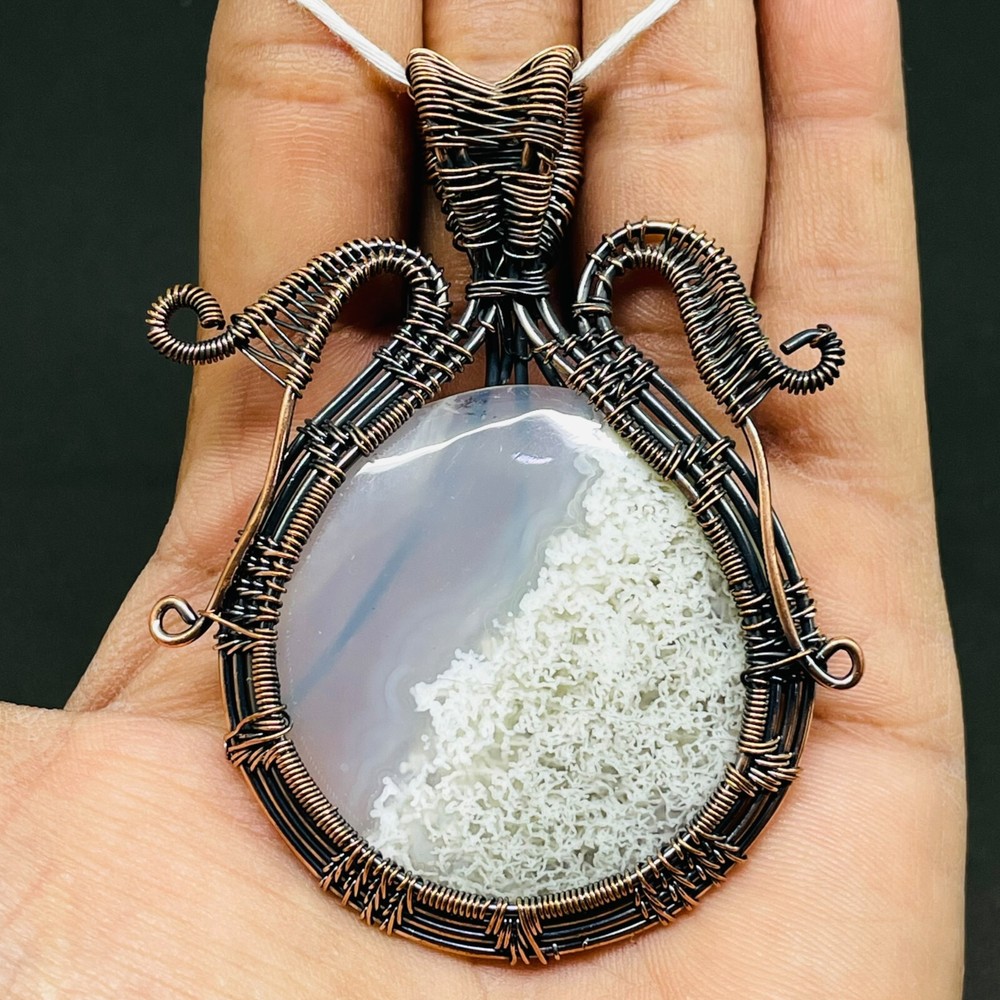Natural Dendrite Opal Wire Wrapped Pendant Handcrafted Copper Ethnic Gift 3.03″