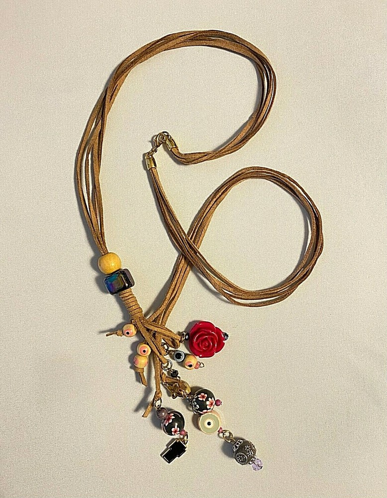 Handmade Leather strand Lariat Necklace with Beads and Charms Gift