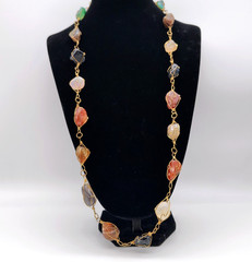 Polished Multi-Type Stone Bohemian Statement Long Artisanal Necklace