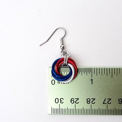 Red, white and blue chainmail love knot earrings, American patriotic jewelry
