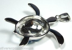 Blue Fire Opal Inlay Genuine 925 Sterling Silver Plumeria Flower Turtle Pendant