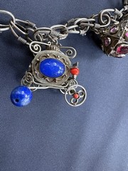 ANTIQUE ETRUSCAN REVIVAL CHARM BRACELET GYPSY 800 SILVER GLASS GEMSTONES 63g