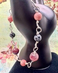 Sterling Silver Rhodochrosite Tourmaline Snowflake Obsidian Gemstone Bracelet
