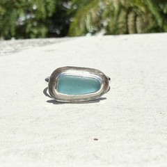 Aqua Teal Genuine Caribbean Sea Glass Sterling Silver Ring Size 8