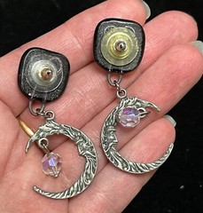 Art glass pewter magic moon face dangle crystal earrings artesian jewelry
