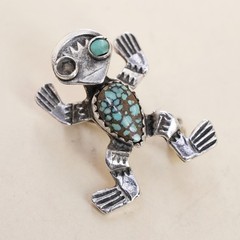 Native American turquoise Frog Brooch Sterling 925 Silver Zuni Figural Frog Pin